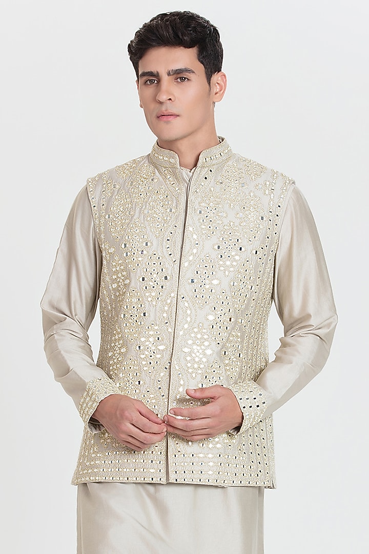 Pearl Grey Chanderi Bundi Jacket Set by Abhinav Mishra Men at Pernia's Pop Up Shop