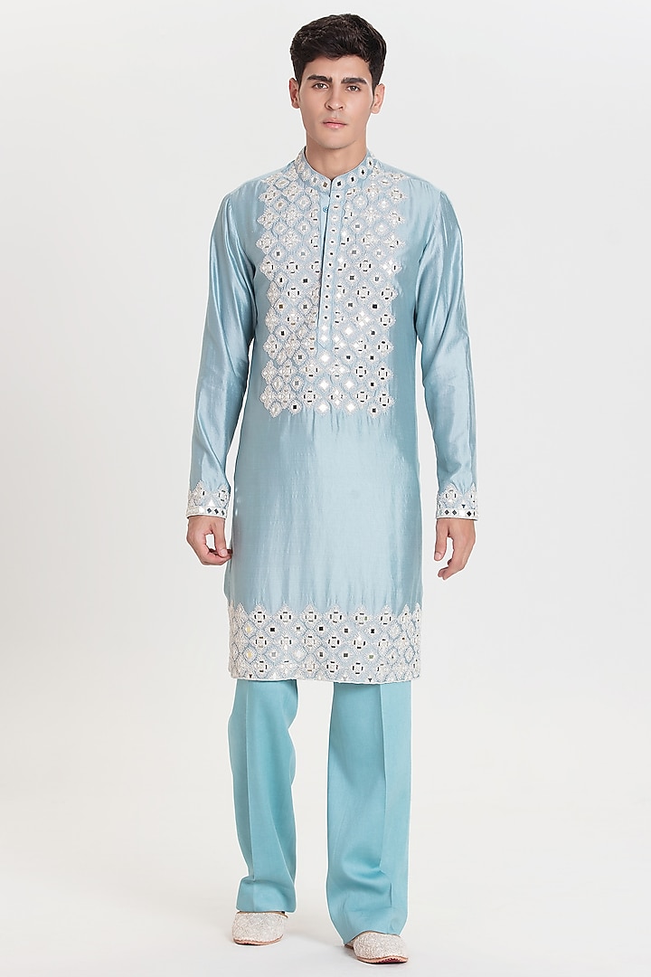 Sky Blue Chanderi Kurta Set by Abhinav Mishra Men at Pernia's Pop Up Shop