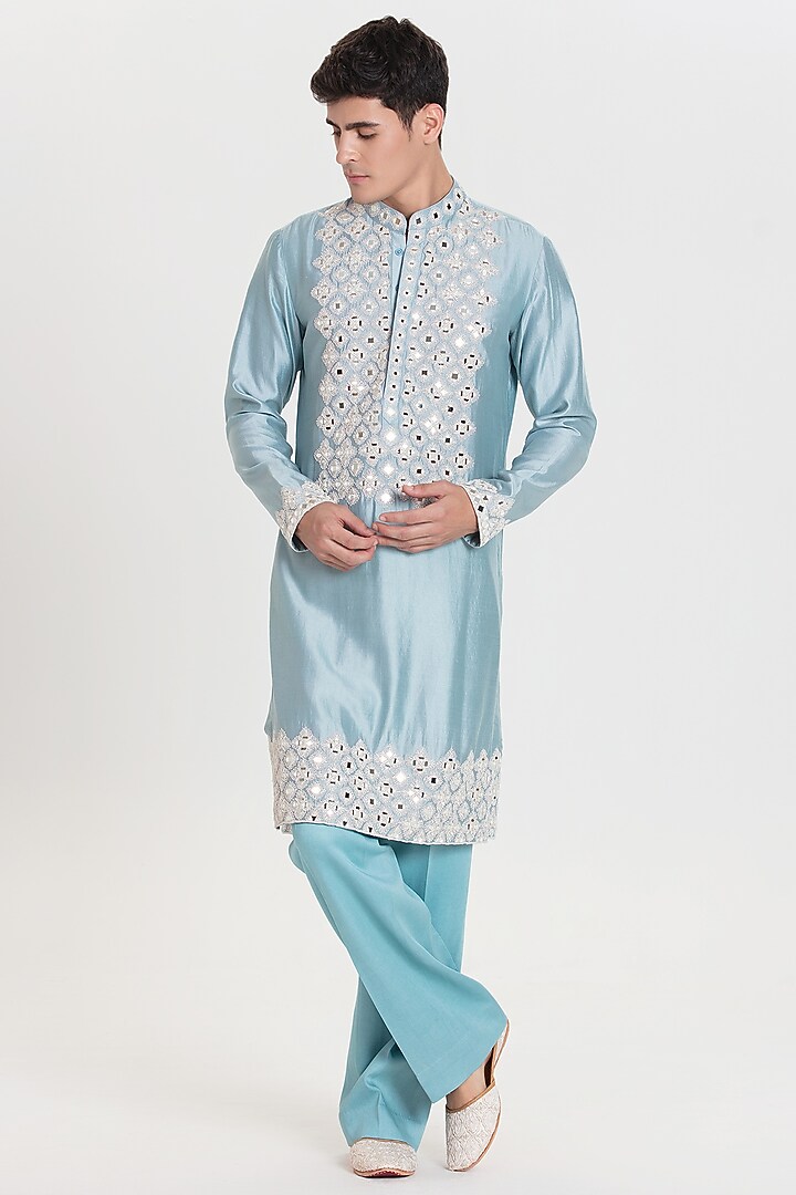 Sky Blue Chanderi Kurta Set by Abhinav Mishra Men at Pernia's Pop Up Shop