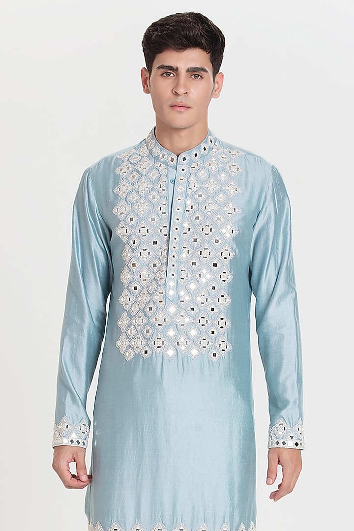 Sky Blue Chanderi Kurta Set by Abhinav Mishra Men at Pernia's Pop Up Shop