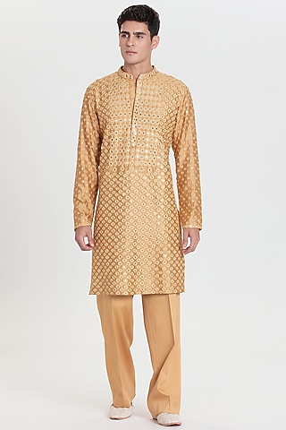 Gold Chanderi Kurta Set by Abhinav Mishra Men