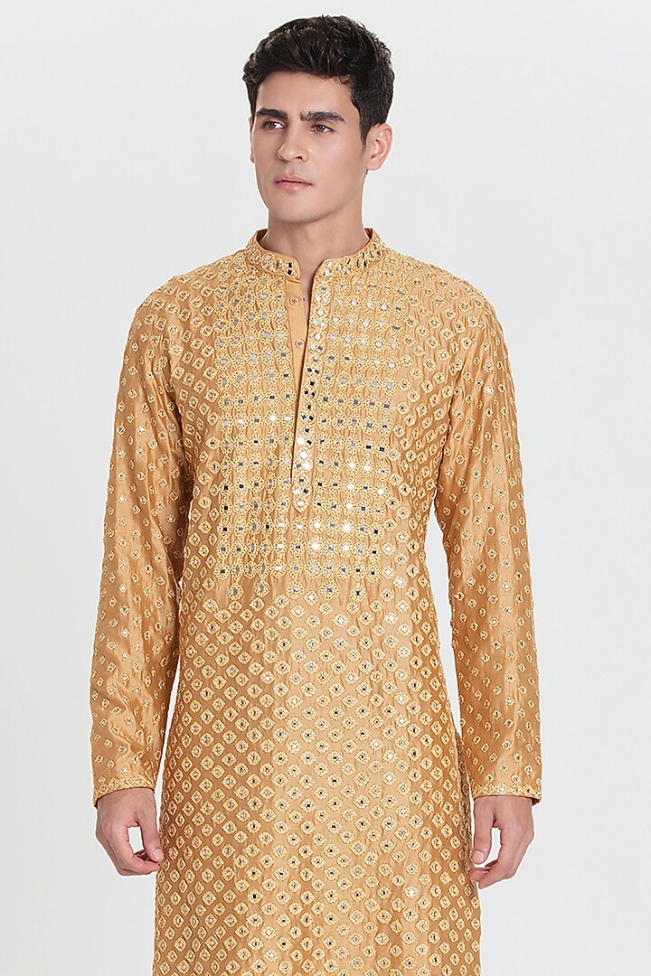 Gold Chanderi Kurta Set by Abhinav Mishra Men at Pernia's Pop Up Shop