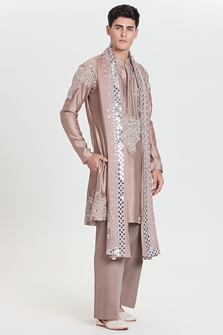 Cameo Pink Chanderi Kurta Set by Abhinav Mishra Men