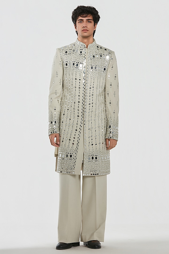 Ivory Chanderi Threadwork Groom Sherwani Set by Abhinav Mishra Men at Pernia's Pop Up Shop