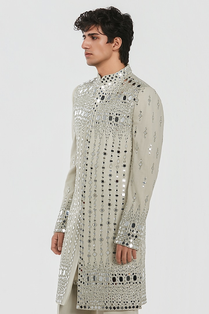 Ivory Chanderi Threadwork Groom Sherwani Set by Abhinav Mishra Men at Pernia's Pop Up Shop