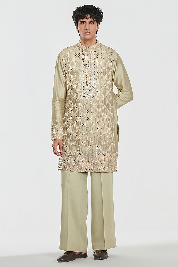 Sage Green Chanderi Threadwork Kurta Set by Abhinav Mishra Men at Pernia's Pop Up Shop