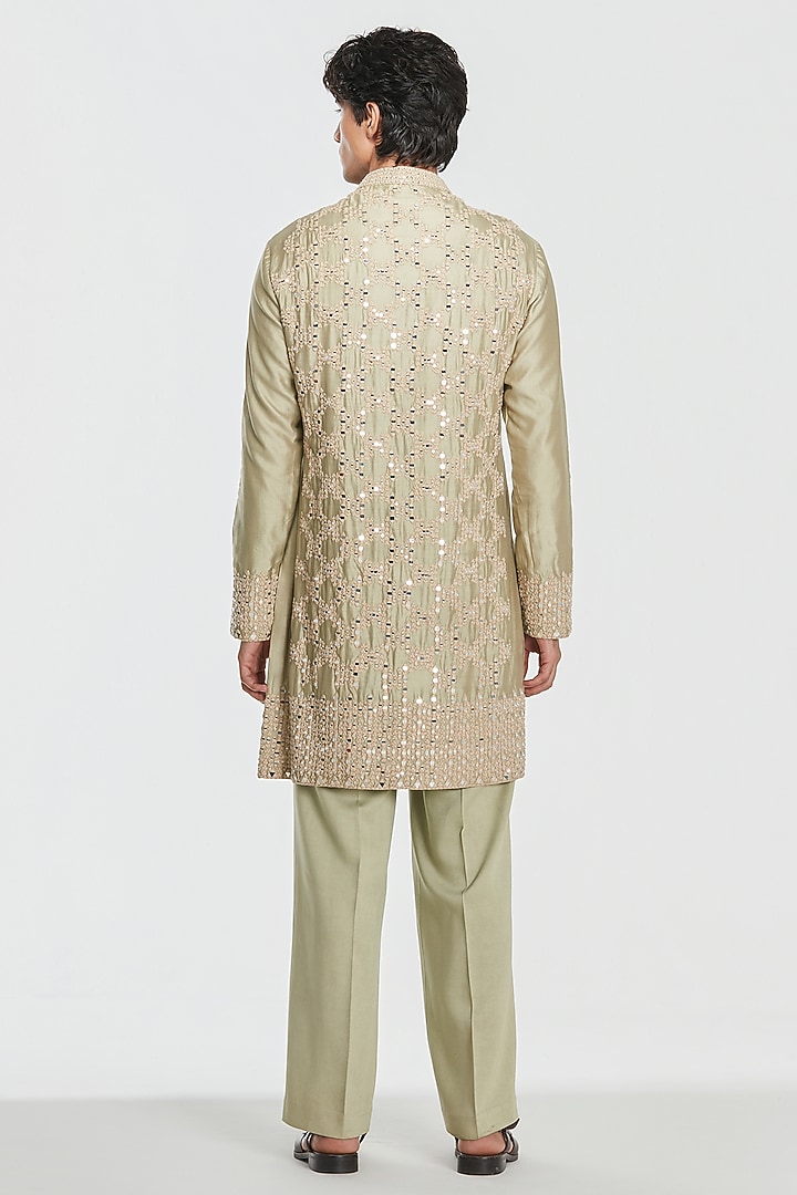 Sage Green Chanderi Threadwork Kurta Set by Abhinav Mishra Men at Pernia's Pop Up Shop