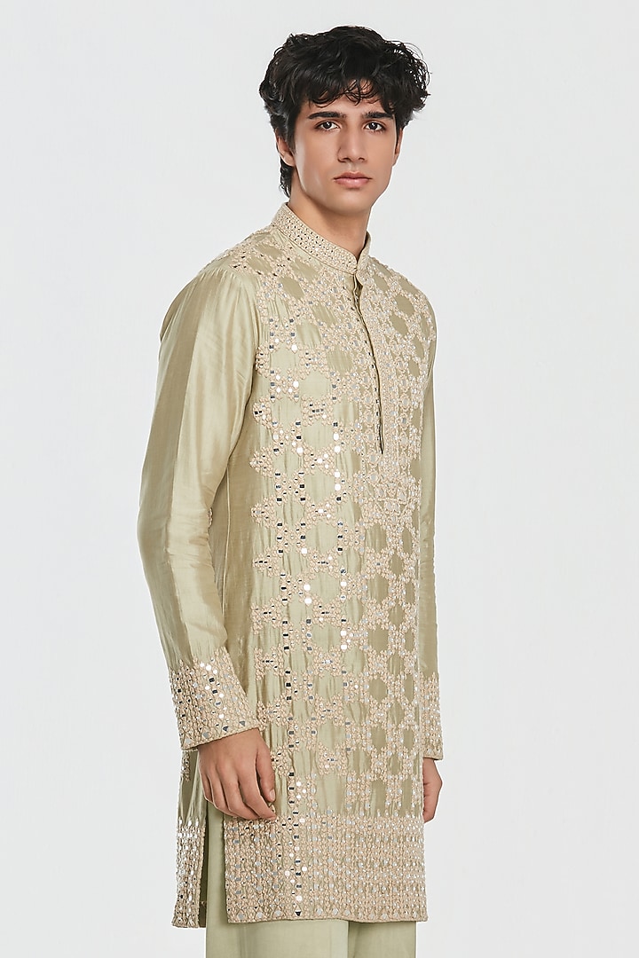 Sage Green Chanderi Threadwork Kurta Set by Abhinav Mishra Men at Pernia's Pop Up Shop