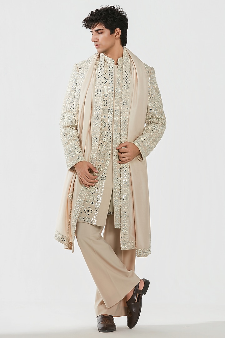 Powder Pink Chanderi Thread Work Groom Sherwani Set by Abhinav Mishra Men at Pernia's Pop Up Shop