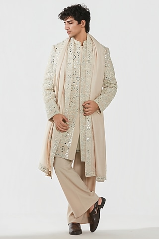 Powder Pink Chanderi Thread Work Sherwani Set by Abhinav Mishra Men