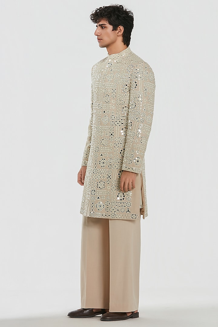 Powder Pink Chanderi Thread Work Groom Sherwani Set by Abhinav Mishra Men at Pernia's Pop Up Shop