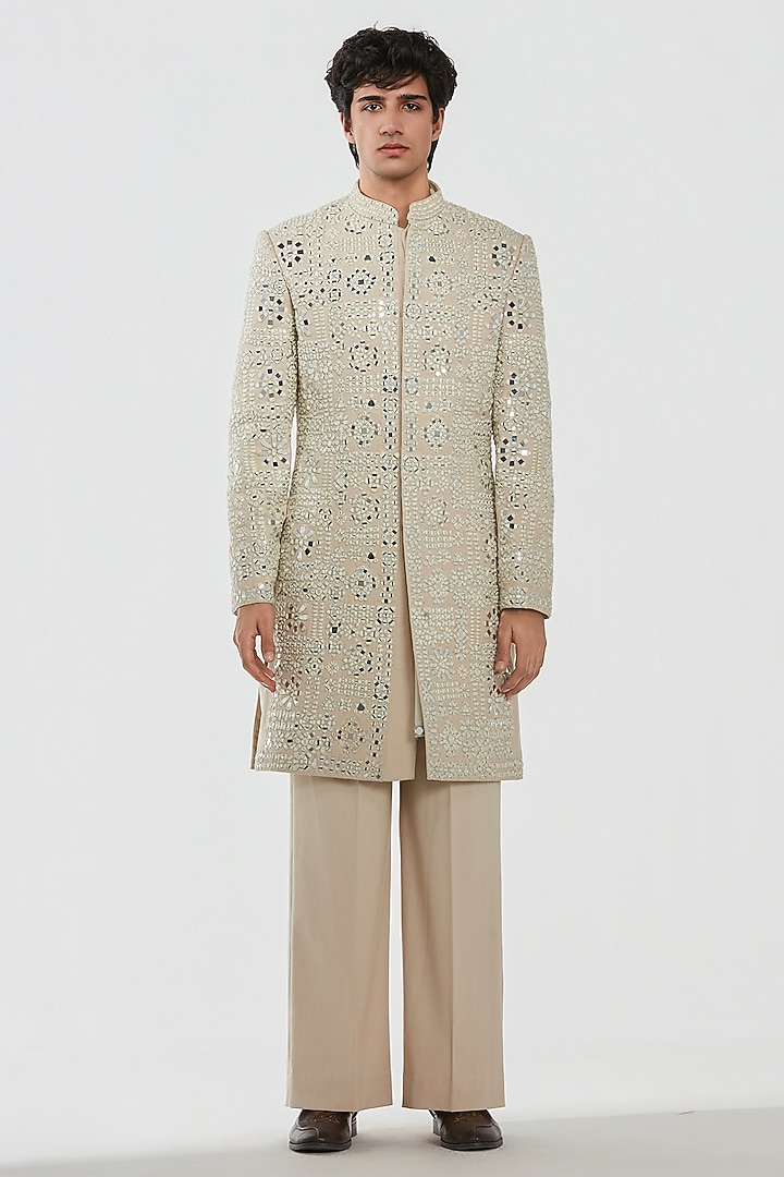 Powder Pink Chanderi Thread Work Groom Sherwani Set by Abhinav Mishra Men at Pernia's Pop Up Shop