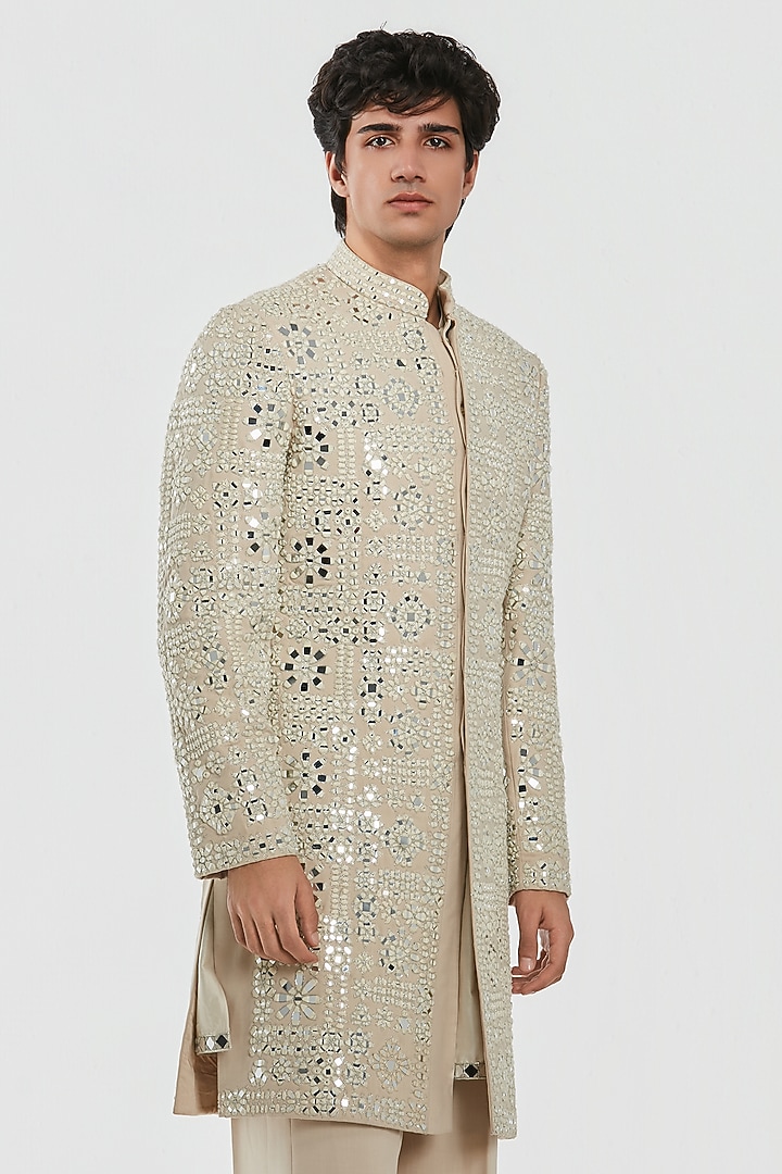 Powder Pink Chanderi Thread Work Groom Sherwani Set by Abhinav Mishra Men at Pernia's Pop Up Shop