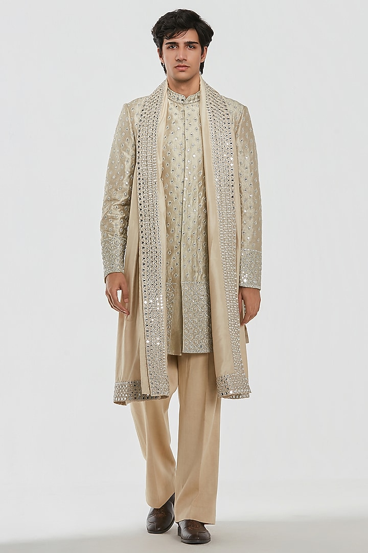 Gold Tissue Thread Work Groom Sherwani Set by Abhinav Mishra Men at Pernia's Pop Up Shop