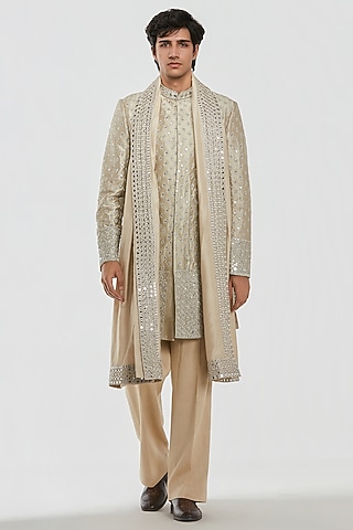 Gold Tissue Thread Work Sherwani Set by Abhinav Mishra Men
