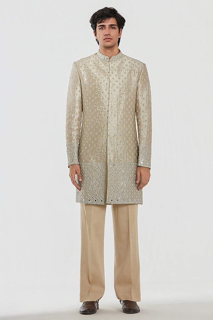 Gold Tissue Thread Work Groom Sherwani Set by Abhinav Mishra Men at Pernia's Pop Up Shop