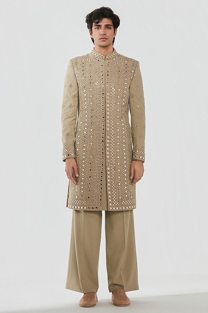 Beige Chanderi Mirror Work Groom Sherwani Set by Abhinav Mishra Men at Pernia's Pop Up Shop