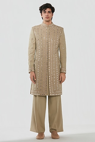 Beige Chanderi Mirror Work Sherwani Set by Abhinav Mishra Men