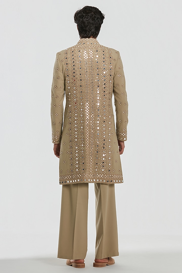 Beige Chanderi Mirror Work Groom Sherwani Set by Abhinav Mishra Men at Pernia's Pop Up Shop