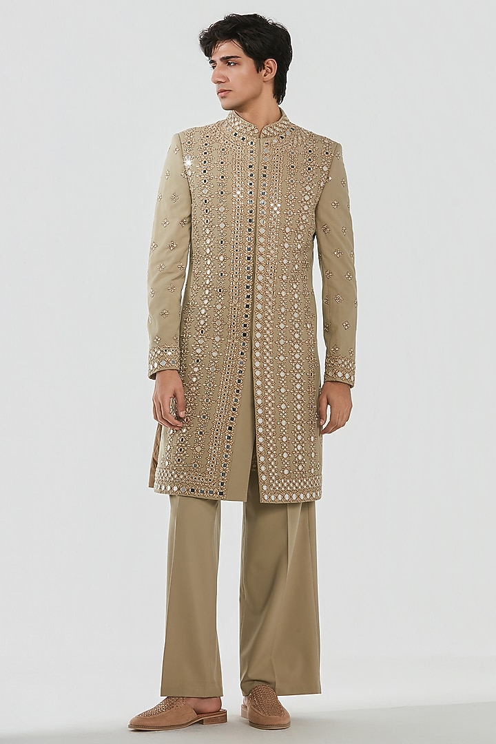 Beige Chanderi Mirror Work Groom Sherwani Set by Abhinav Mishra Men at Pernia's Pop Up Shop