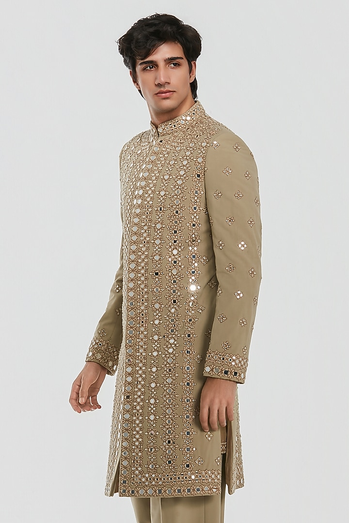 Beige Chanderi Mirror Work Groom Sherwani Set by Abhinav Mishra Men at Pernia's Pop Up Shop
