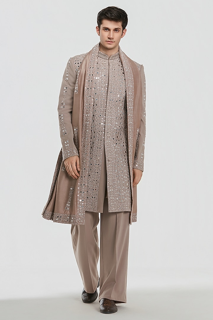 Dusty Mauve Chanderi Threadwrork Groom Sherwani Set by Abhinav Mishra Men at Pernia's Pop Up Shop