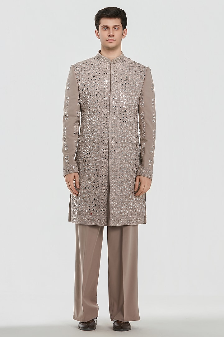 Dusty Mauve Chanderi Threadwrork Groom Sherwani Set by Abhinav Mishra Men at Pernia's Pop Up Shop
