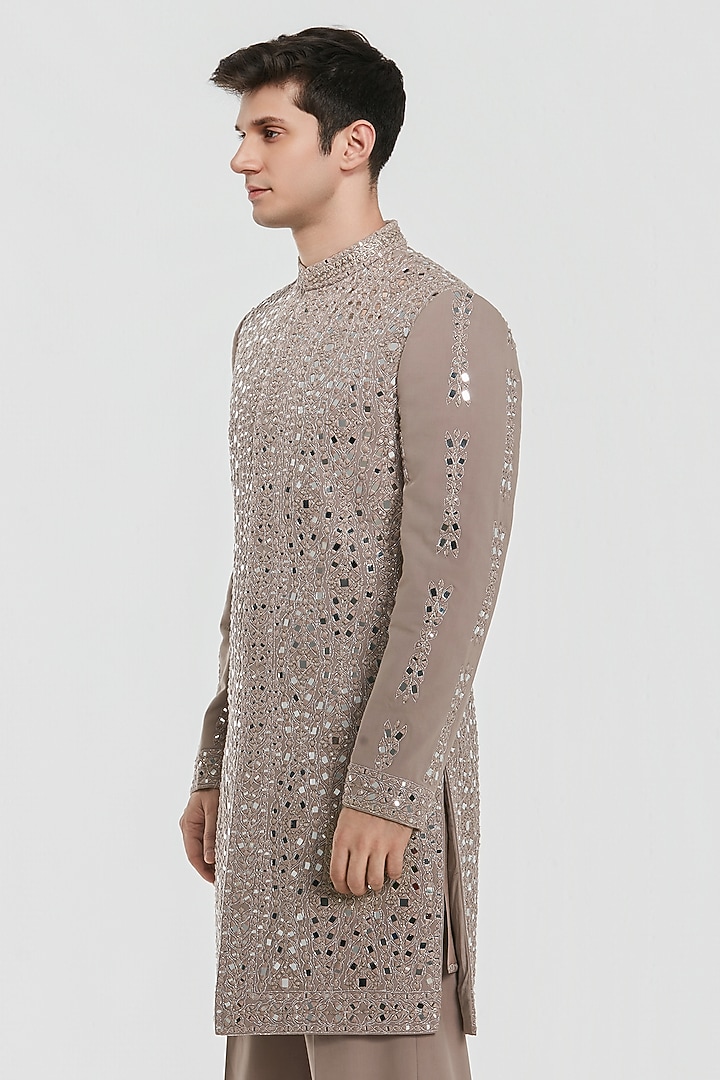 Dusty Mauve Chanderi Threadwrork Groom Sherwani Set by Abhinav Mishra Men at Pernia's Pop Up Shop