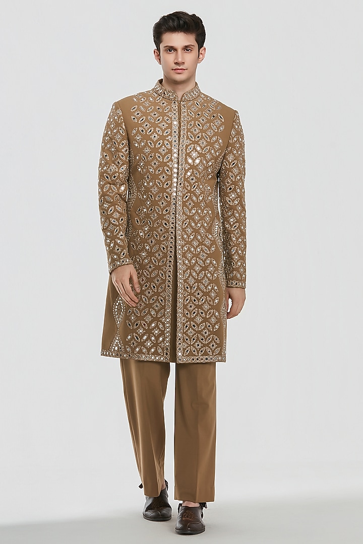Caramel-Colored Chanderi Threadwrork Groom Sherwani Set by Abhinav Mishra Men at Pernia's Pop Up Shop