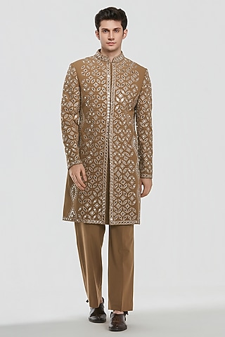 Caramel-Colored Chanderi Threadwrork Sherwani Set by Abhinav Mishra Men