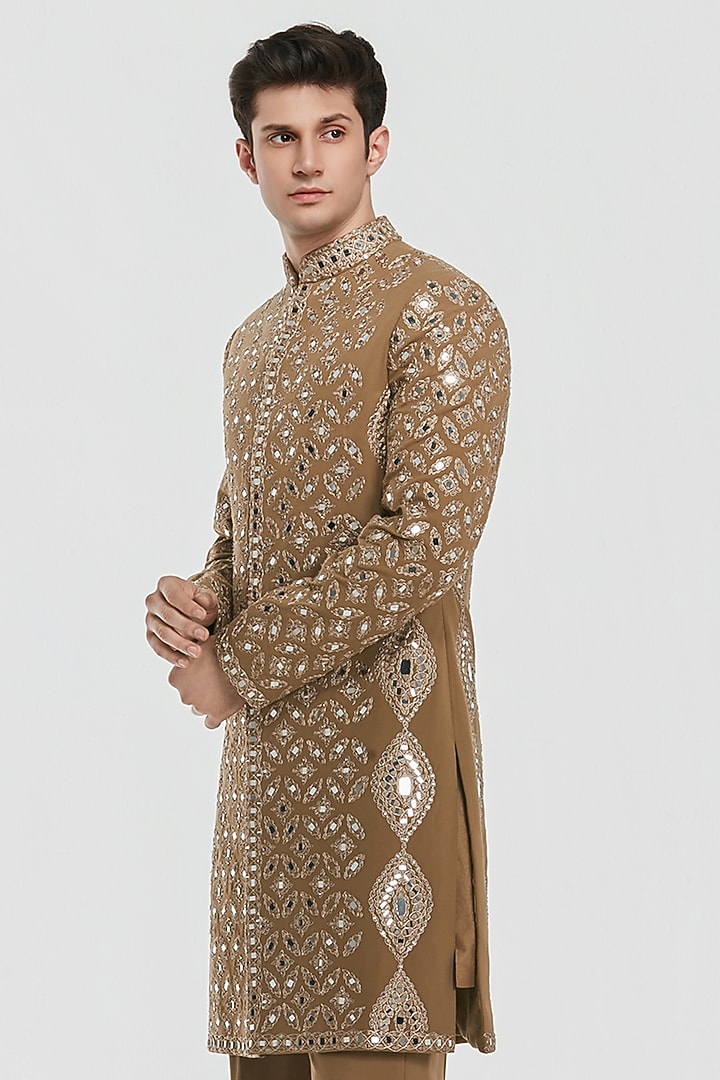 Caramel-Colored Chanderi Threadwrork Groom Sherwani Set by Abhinav Mishra Men at Pernia's Pop Up Shop