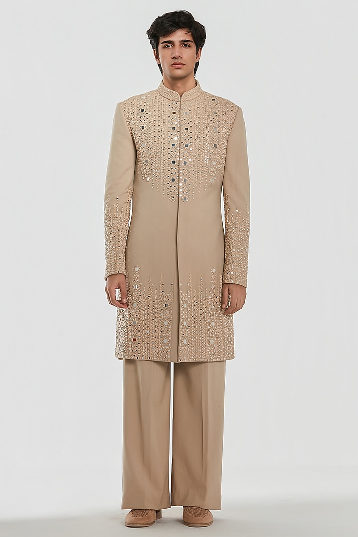 Cream Chanderi Threadwork Groom Sherwani Set by Abhinav Mishra Men at Pernia's Pop Up Shop