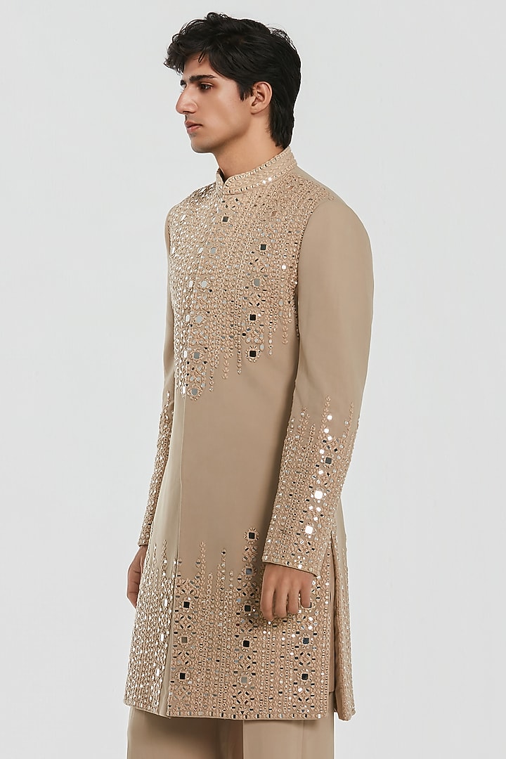 Cream Chanderi Threadwork Groom Sherwani Set by Abhinav Mishra Men at Pernia's Pop Up Shop