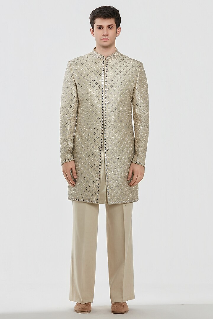 Gold Tissue Thread Work Groom Sherwani Set by Abhinav Mishra Men at Pernia's Pop Up Shop
