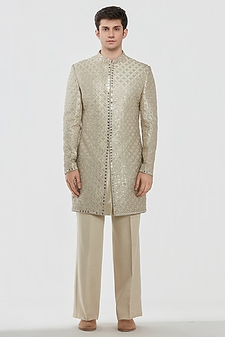 Gold Tissue Thread Work Sherwani Set by Abhinav Mishra Men