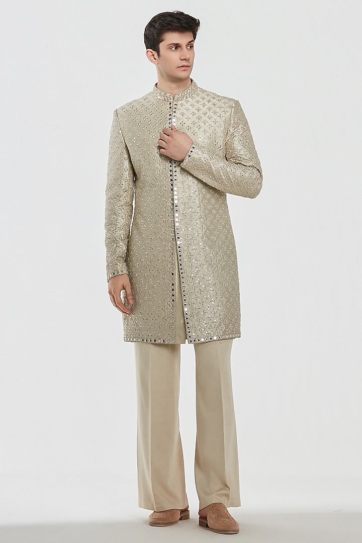 Gold Tissue Thread Work Groom Sherwani Set by Abhinav Mishra Men at Pernia's Pop Up Shop