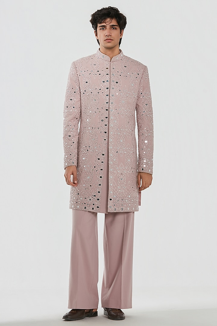 Lilac Chanderi Mirror Work Groom Sherwani Set by Abhinav Mishra Men at Pernia's Pop Up Shop