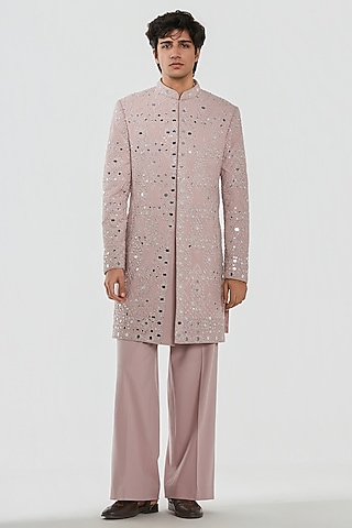 Lilac Chanderi Mirror Work Sherwani Set by Abhinav Mishra Men
