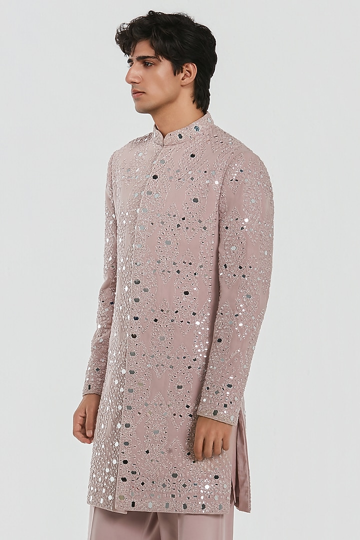 Lilac Chanderi Mirror Work Groom Sherwani Set by Abhinav Mishra Men at Pernia's Pop Up Shop