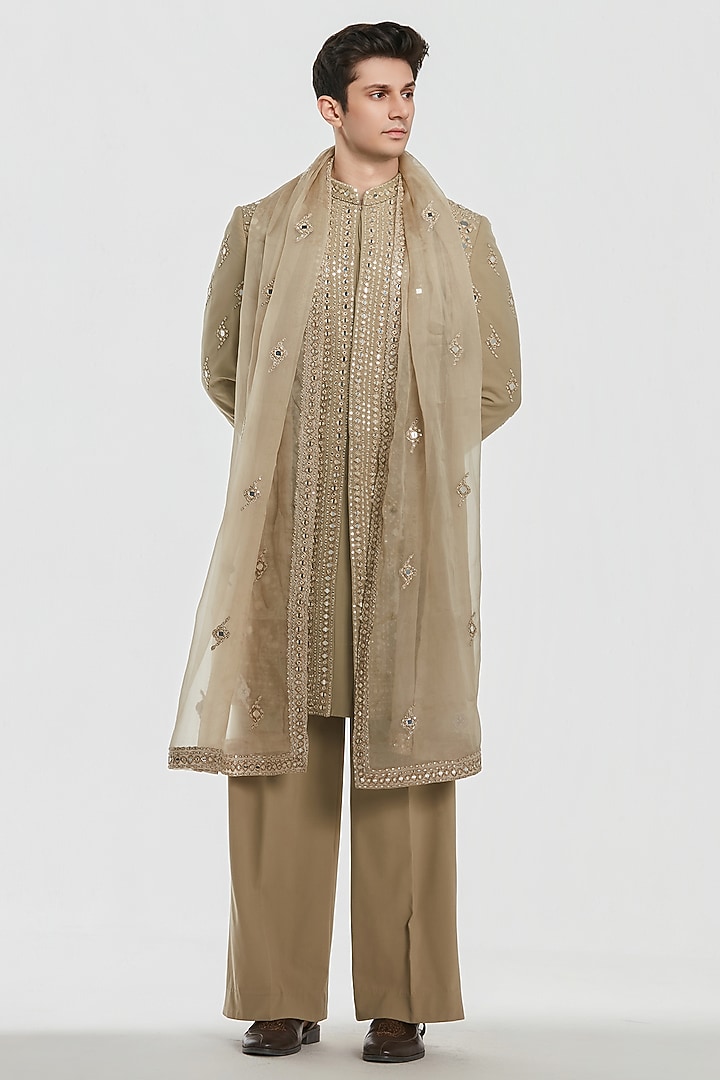 Wam Beige Chanderi Threadwork Groom Sherwani Set by Abhinav Mishra Men at Pernia's Pop Up Shop