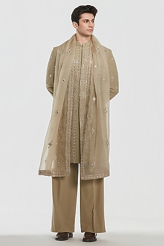 Wam Beige Chanderi Threadwork Sherwani Set by Abhinav Mishra Men