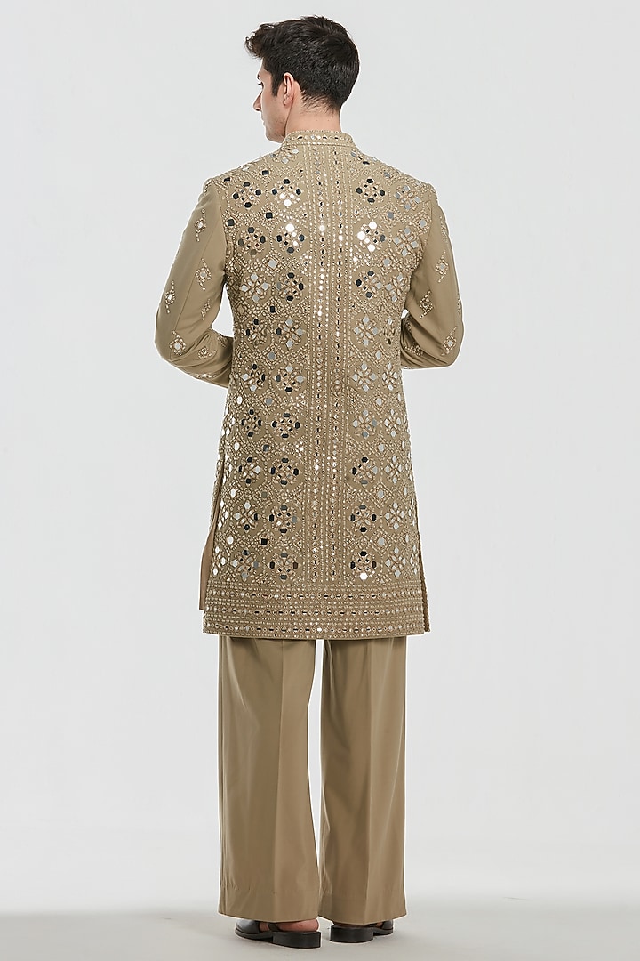 Wam Beige Chanderi Threadwork Groom Sherwani Set by Abhinav Mishra Men at Pernia's Pop Up Shop