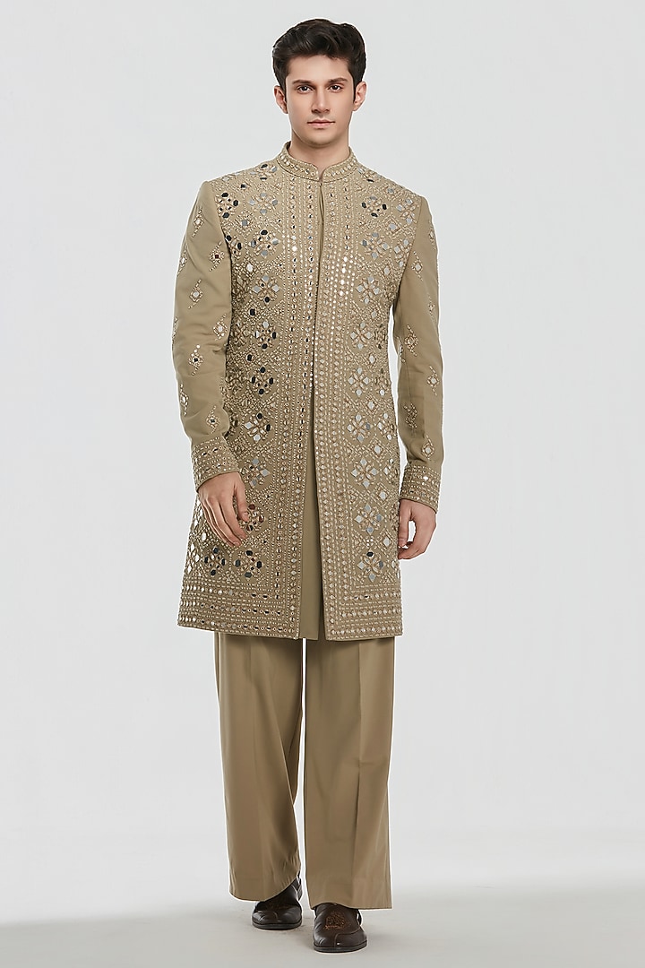 Wam Beige Chanderi Threadwork Groom Sherwani Set by Abhinav Mishra Men at Pernia's Pop Up Shop