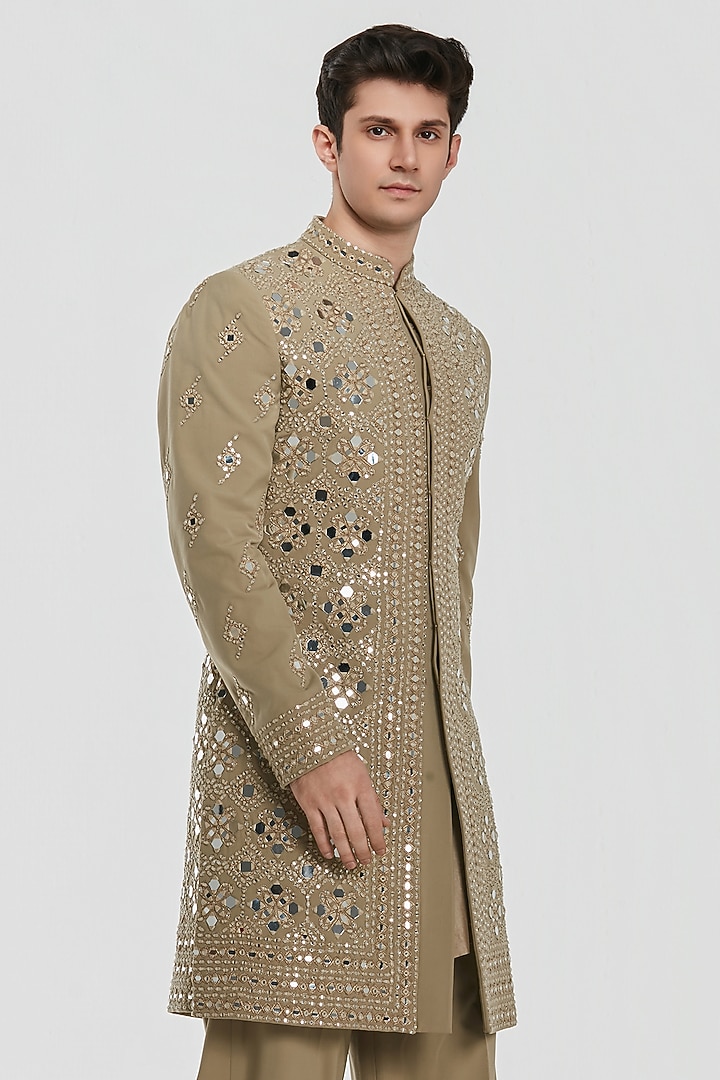 Wam Beige Chanderi Threadwork Groom Sherwani Set by Abhinav Mishra Men at Pernia's Pop Up Shop