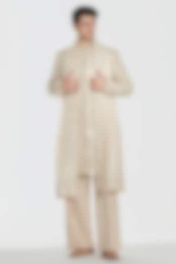 Ivory Chanderi Threadwork Groom Sherwani Set by Abhinav Mishra Men at Pernia's Pop Up Shop
