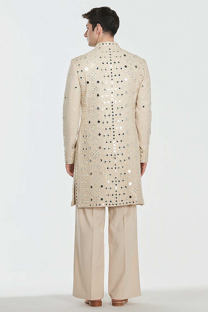Ivory Chanderi Threadwork Groom Sherwani Set by Abhinav Mishra Men at Pernia's Pop Up Shop