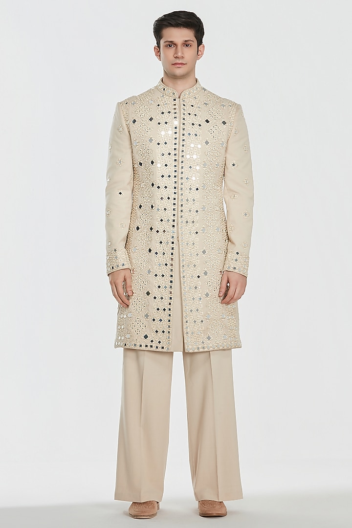 Ivory Chanderi Threadwork Groom Sherwani Set by Abhinav Mishra Men at Pernia's Pop Up Shop