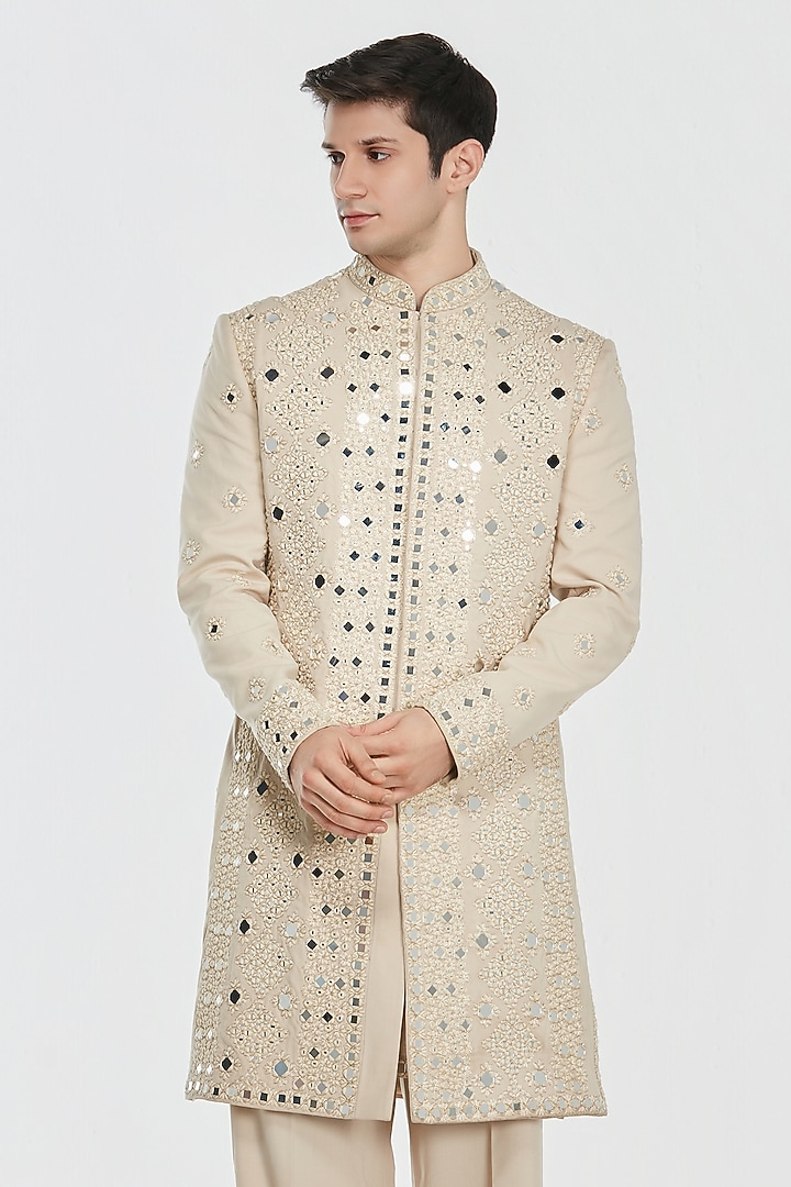 Ivory Chanderi Threadwork Groom Sherwani Set by Abhinav Mishra Men at Pernia's Pop Up Shop