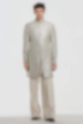 Silver Tissue Mirror Work Groom Sherwani Set by Abhinav Mishra Men at Pernia's Pop Up Shop