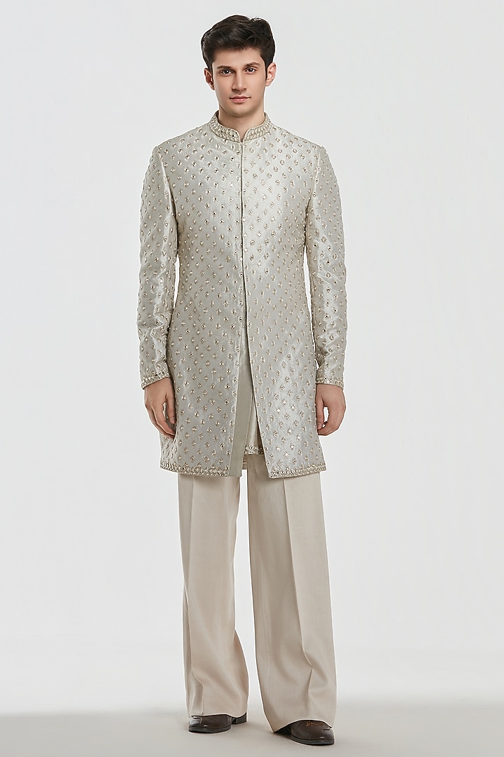 Silver Tissue Mirror Work Groom Sherwani Set by Abhinav Mishra Men at Pernia's Pop Up Shop